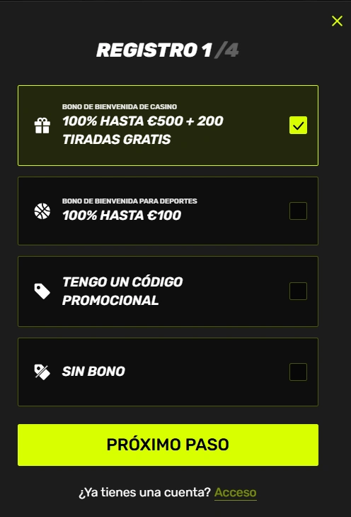 Sportuna Casino Proceso de registro paso 1