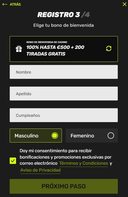 Sportuna Casino Proceso de registro paso 3